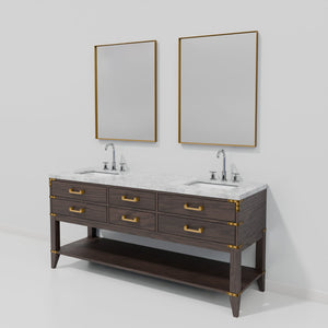English Elm Brown Oak Double Bath Vanity With Carrara Marble Top, Chrome Faucets & 34" Mirrors - Luxurious Design B2731S01896