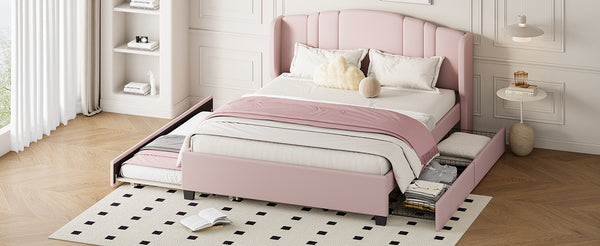English Elm Upholstered Platform Bed with Wingback Headboard, Twin Trundle & 2 Storage Drawers, Linen Queen Frame Pink 83 L x 9.5 W x 8.75 H N733S208132H
