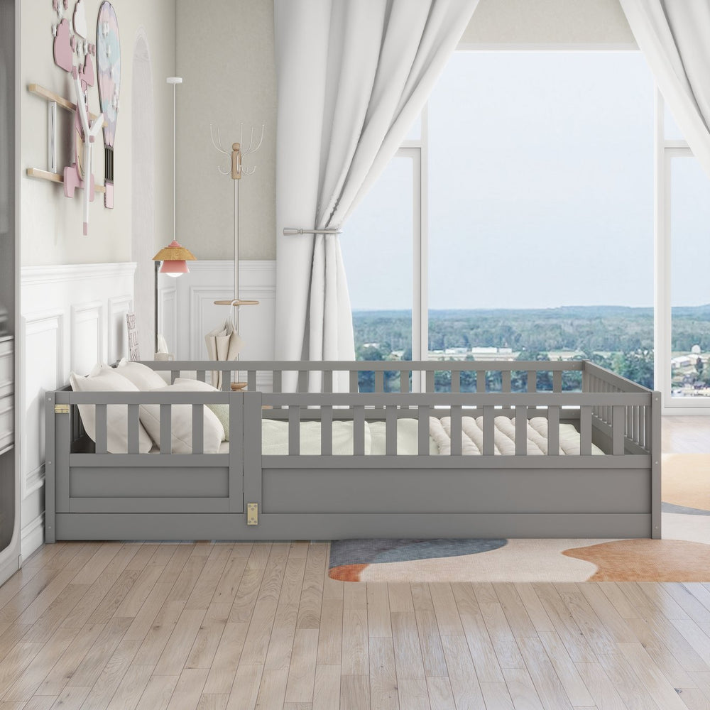 English Elm Full Montessori Floor Bed Frame With High-Security Barrier & Clockwise Door - Cozy Gray Design W1858P164944