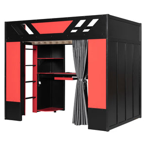 English Elm Full Size Loft Bed with Desk Blackout Curtains Rgb Lighting and Integrated Storage Black+Red LT000377AAJ