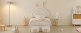 English Elm Twin Size Upholstered Rabbit-Shape Bed With 2 Storage Stools, Velvet Platform Bed With Cartoon Ears Shaped Headboard, White