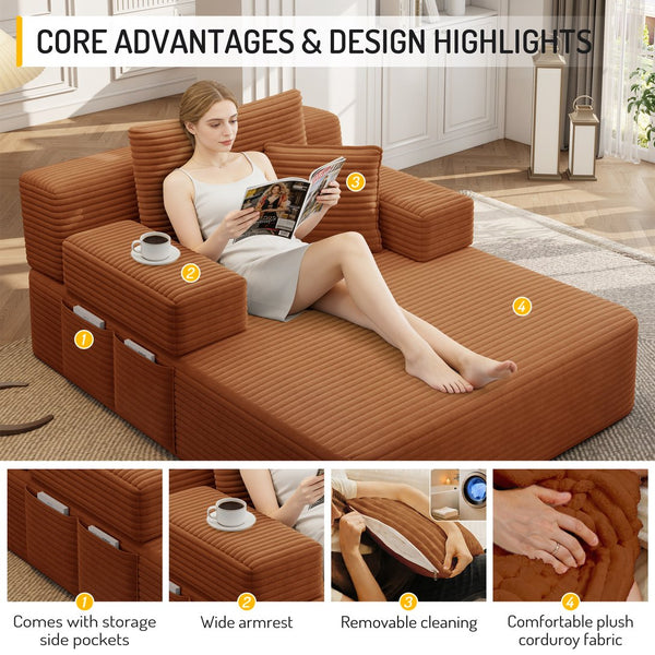 English Elm Luxurious Corduroy Convertible Chaise Lounge Sofa Bed with Storage and Coil Spring Foam Orange W3219P483088