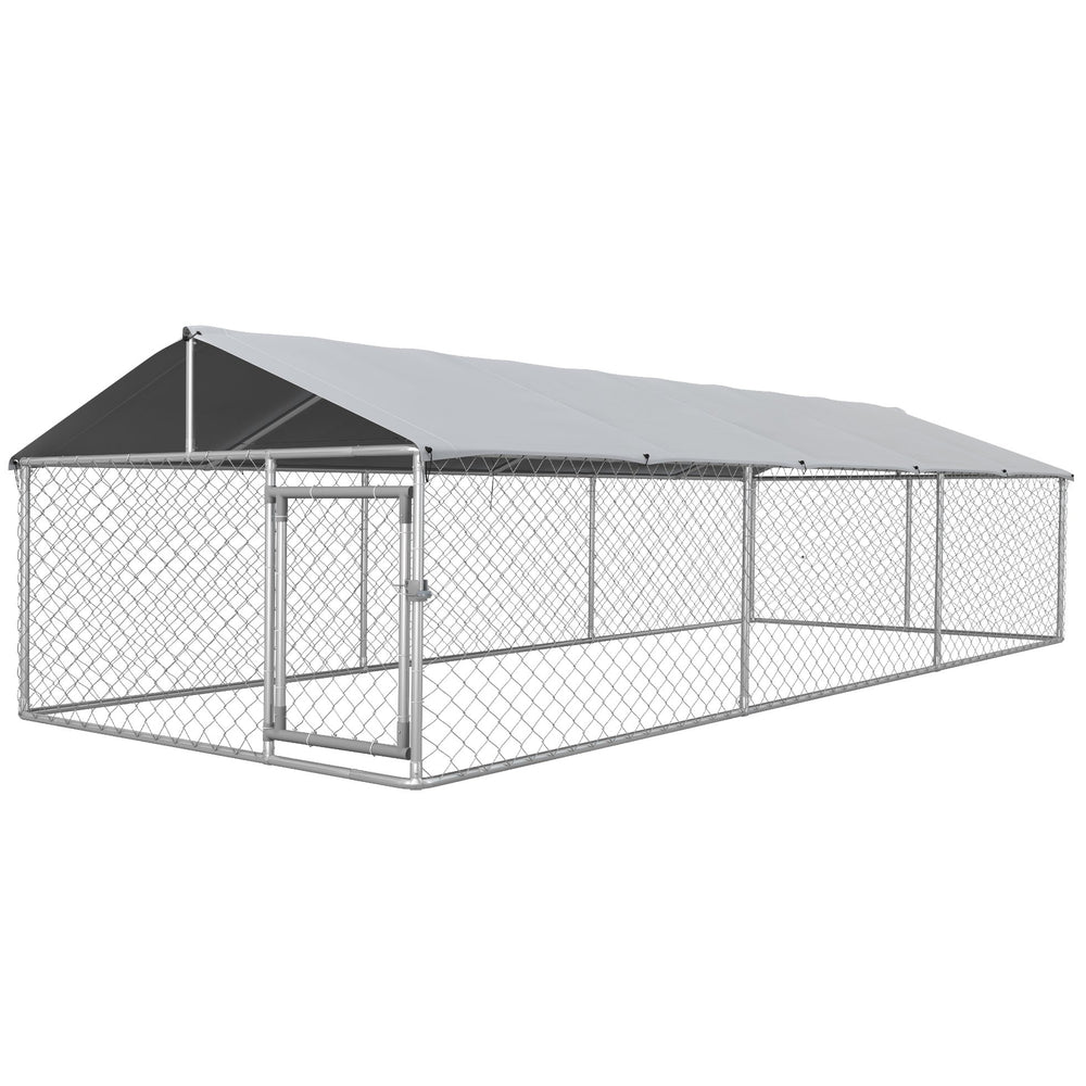 English Elm Large-sized Galvanized Steel Outdoor Dog Kennel with Oxford Fabric Weatherproof Roof T3971S00070