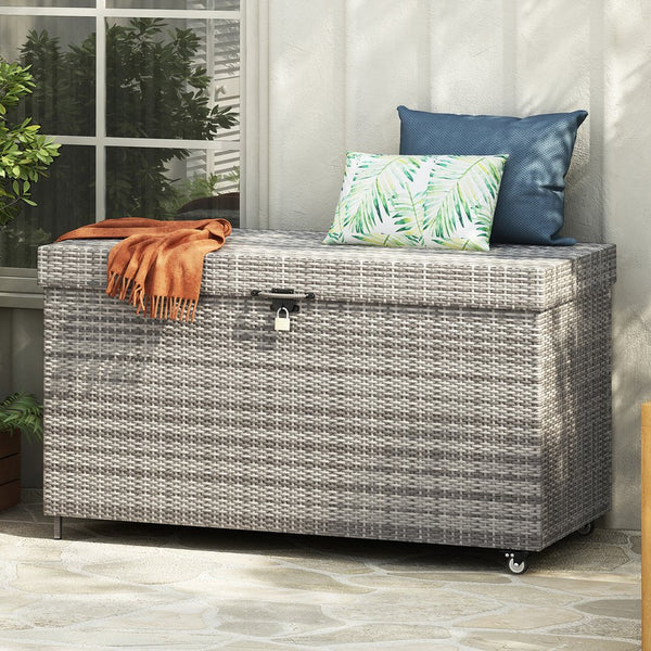 English Elm K&K 200 Gallon Wicker Deck Box with Lockable Lid, Hydraulic Pistons, Wheels, Weatherproof Storage Grey N707P245457G
