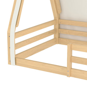 English Elm Twin Montessori Floor Bed Solid Pine Teepee Frame with Guardrails and Canopy Light W1580P369466