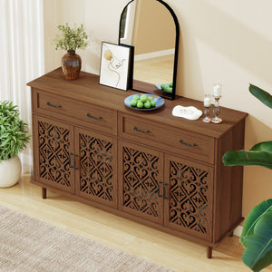 English Elm 4 Door Sideboard Buffet with Hand Carved Geometric Panels Black Oak Finish Raised Legs W688P359947