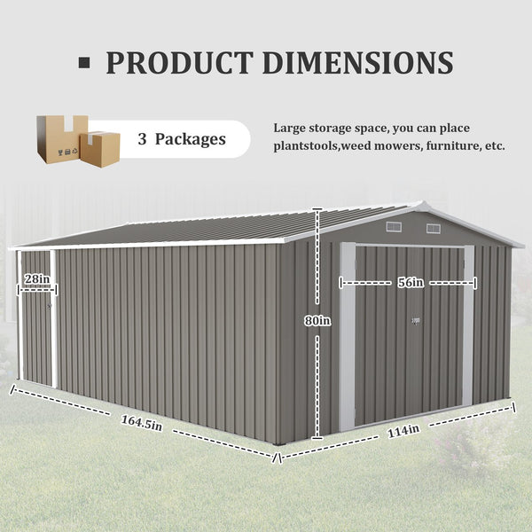 English Elm Campcraft Metal Storage Shed 10x14 Ft with Lockable Doors Vented Sloped Roof Backyard Light Gray W1598S00050