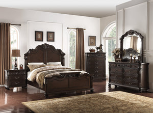 English Elm Traditional Eastern King Bed Carved Scrollwork Scalloped Headboard Antique Cherry Wood B011S02135