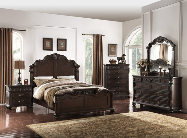 English Elm Traditional Eastern King Bed Carved Scrollwork Scalloped Headboard Antique Cherry Wood B011S02135