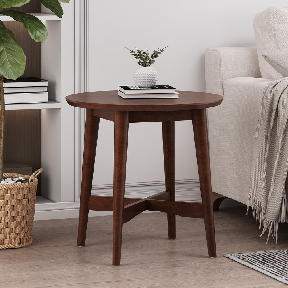 English Elm Christopher Knight Home® - END TABLE Mid-Century Modern Solid Wood End Table with Splayed Legs, Round Top, Sturdy Design Walnut 68679.00WALN
