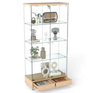 English Elm Modern Glass Display Cabinet With Led Lighting, 2 Drawers & 4 Shelves For Stylish Storage Solutions W241S00060