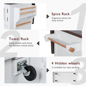 English Elm K&K 54.9" Farmhouse Kitchen Island Cart with Drop Leaf, Charging Station, Barn Doors & Glass Pane White N707P300277W