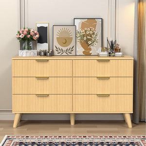 English Elm 6 Drawer Fluted Wood Dresser Natural Finish Compact Chest for Nursery or Bedroom T3773P415502