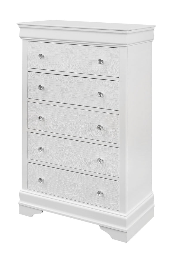 English Elm SHAKER Crocodile Textured Chest with Crystal Hardware, Solid Wood & MDF, Contemporary Tapered Legs White 34.45 L x 18.9 W x 51.57 H B201P215904