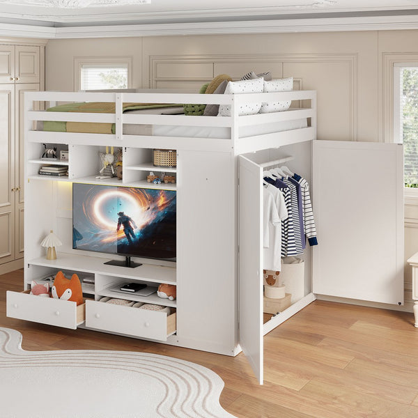 English Elm Full Size Loft Bed with Led Lighting Wardrobe Drawers and Shelves for Teen Rooms White LT000499AAK