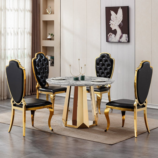 English Elm 47" Round Marble Dining Table - Chic Faux Marble Top & Gold Stainless Steel Base - Versatile & Durable Design For Any Space W3456S00009