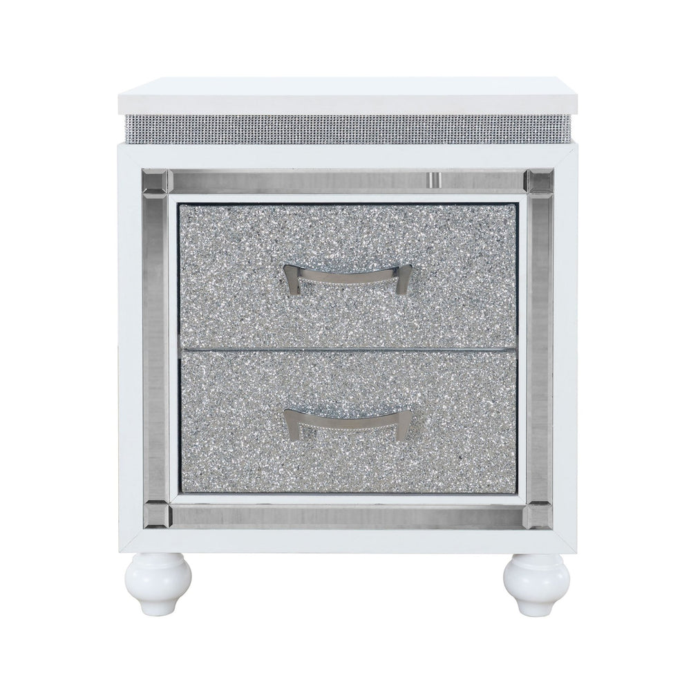 English Elm MALOISE White Nightstand with Crushed Crystal Drawers, Mirrored Accents & Glitter Glam Modern Chic B201P215736