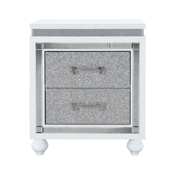 English Elm MALOISE White Nightstand with Crushed Crystal Drawers, Mirrored Accents & Glitter Glam Modern Chic B201P215736