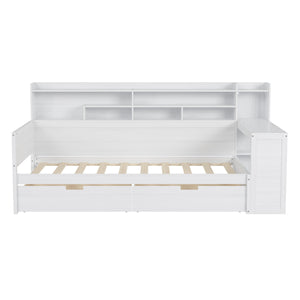 English Elm Wooden Twin Daybed with Built-In Desk, Side Shelves and Dual Drawers for Smart Space Saving Antique White 54.9 L x 18.75 W x 5.6 H N733S241484K