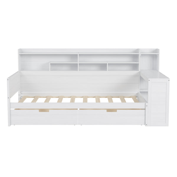 English Elm Wooden Twin Daybed with Built-In Desk, Side Shelves and Dual Drawers for Smart Space Saving Antique White 54.9 L x 18.75 W x 5.6 H N733S241484K