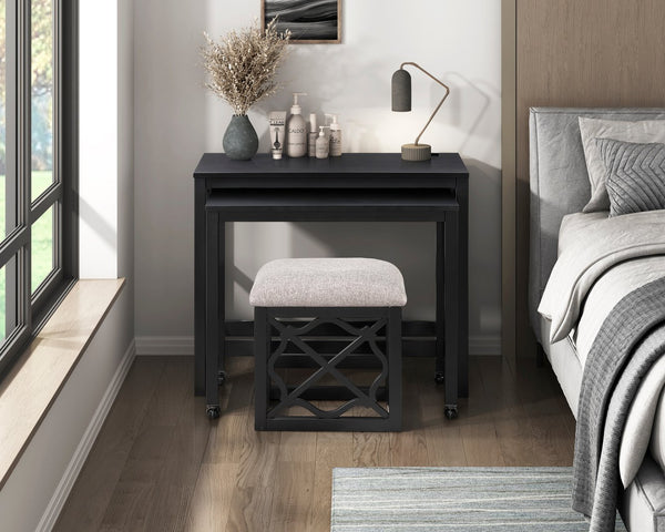 English Elm Desks 3-Piece Set with Rolling Small Desk, Upholstered Stool & Large Stationary Desk for Compact Workspaces Black 38.5 L x 21.5 W x 17.5 H B011P287465