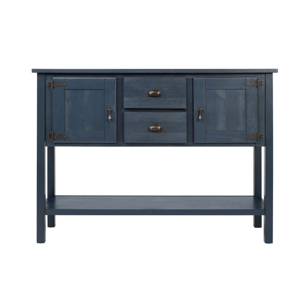 English Elm 46'' Solid Pine Retro Buffet Server with Iron Hardware Drawers Cabinets and Open Shelf Navy Blue W1202P457252