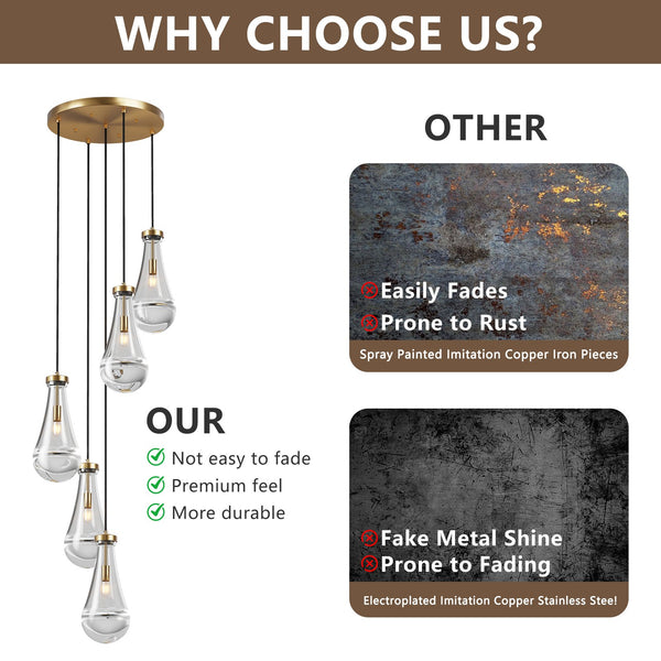English Elm 5 Modern 5-Light Cluster Pendant with Raindrop Glass & Adjustable Rope Cordset for High Ceilings Gold W2312P389955
