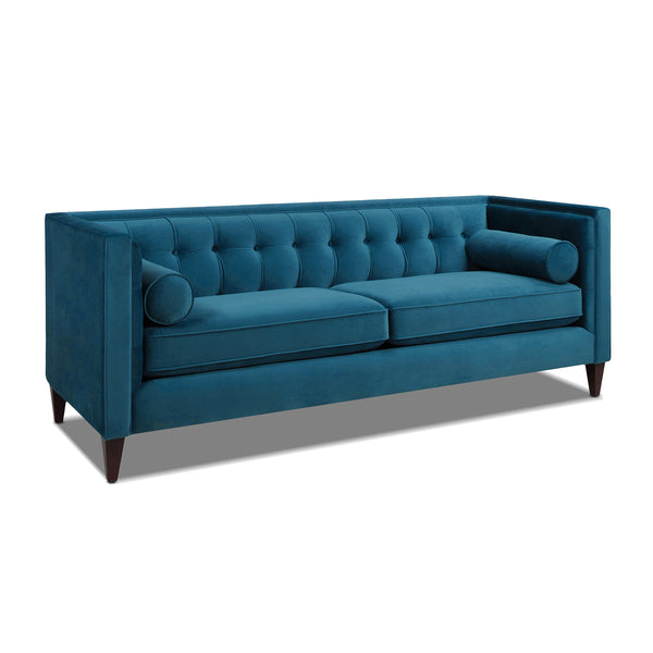 English Elm Jennifer Taylor Home - Jack 84" Modern Tuxedo Tufted Sofa in Plush Velvet with Shelter Arms, Reversible Cushions, Pillows Blue B2719P238406