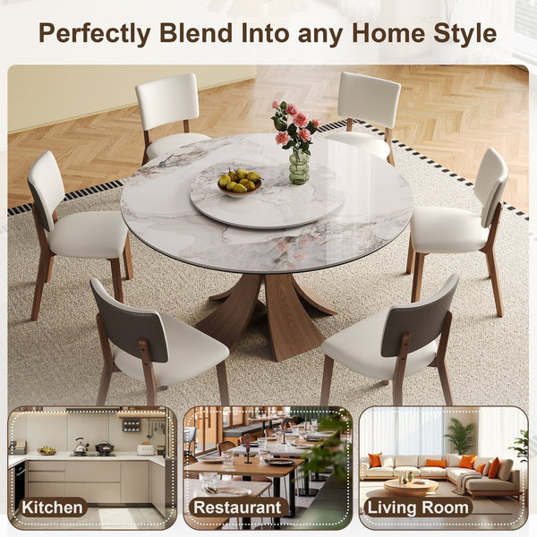 English Elm 59-Inch Modern Sintered Stone Dining Table Set With 35-Inch Turntable, Seats 6-8, Walnut Base Style W509S00131