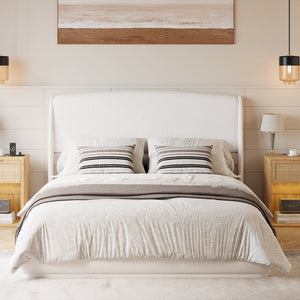 English Elm Upholstered Queen Platform Bed Curved Wingback Linen Headboard Modern Bedroom Frame Beige N733S439498A