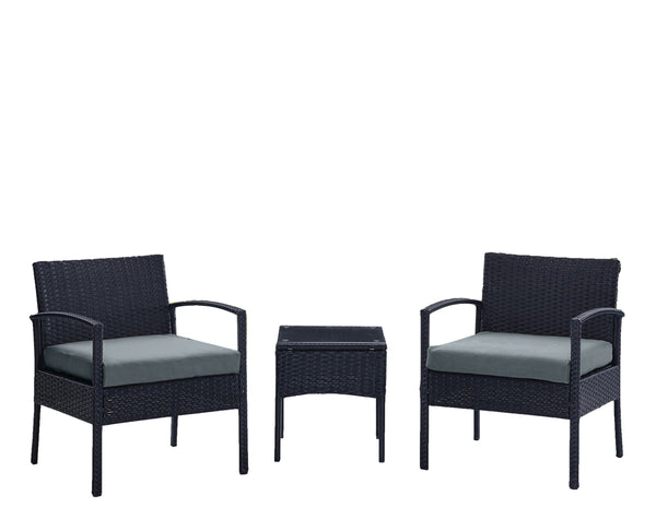 English Elm Noli Outdoor 3-Piece Conversation Set with Removable Washable Cushions and Tempered Glass Table - Weatherproof Steel Rattan Frame Black+Grey B365P398234