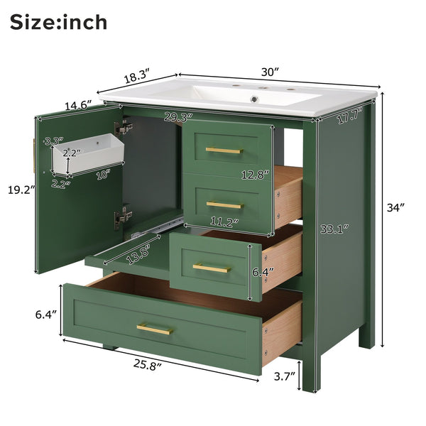 English Elm 30" Green Modern Bathroom Vanity with Ceramic Sink, Solid Wood Frame, Soft-Close Doors & Drawers N729P177787F