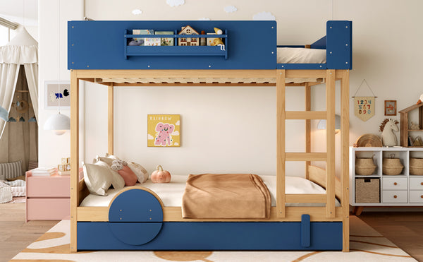 English Elm Queen Bunk Bed with Trundle Solid Pine Kids Car Themed Frame Built-in Bookshelf Blue,Natural W1580S00447