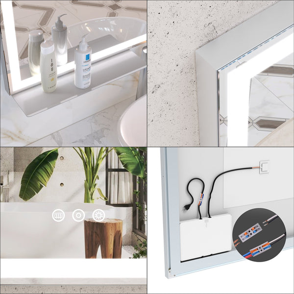 English Elm 32x40 LED Bathroom Vanity Mirror Silver Frame IP44 Anti-Fog Touch Dimmer Memory Tray Modern Smart W708P176758