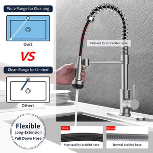 English Elm Kitchen Spring Coil Faucet Brushed Nickel Pull Down Sprayer Four Modes Stainless Steel T3177P316547