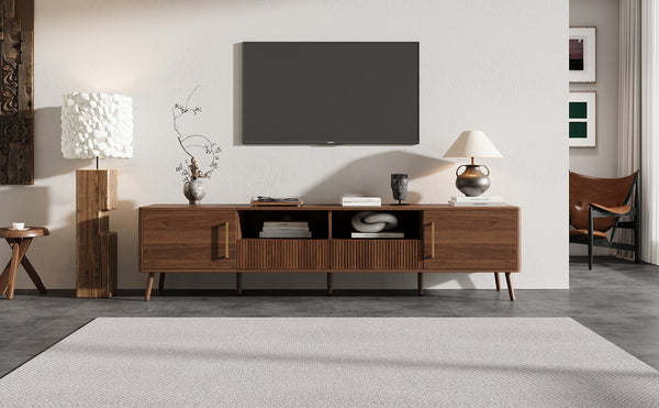 English Elm 78 Inch Walnut Entertainment Center Fluted Doors Solid Wood Legs for Living Room N710P372538P