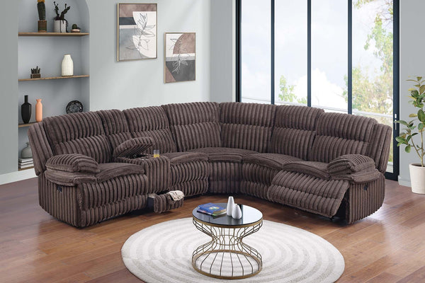 English Elm Chocolate Fur-Like Corduroy U-Shaped Sectional Sofa with Console Cup Holders and Hidden Storage Recline Chocolate 33 L x 28 W x 76 H B011S01738