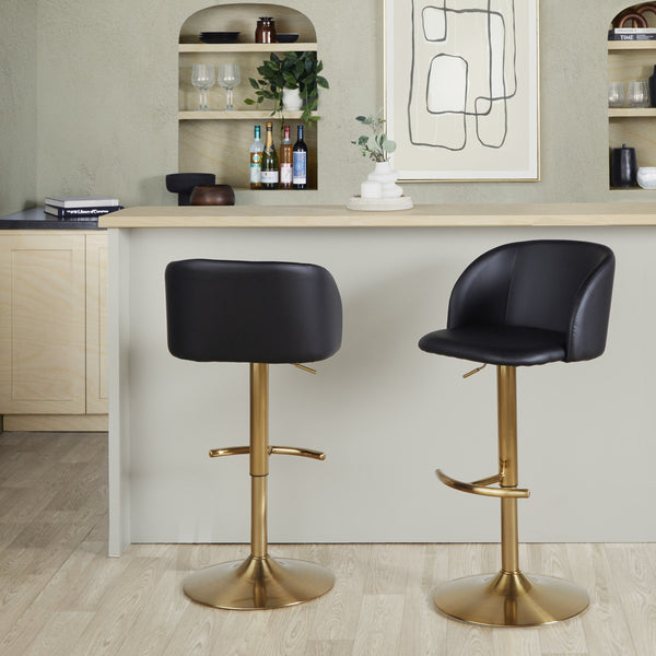 English Elm Adjustable Swivel Barstools Gold Base Black Faux Leather Set of 2 for Home Bar B202S01968