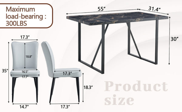 English Elm Table Modern Black Marble Mdf Dining Set With 4 Ergonomic Light Gray Chairs For Stylish Spaces W1151S02527-GIGA