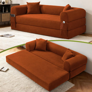 English Elm Convertible Corduroy Sleeper Sofa Queen Fold Out Bed with Dual Storage Pockets Orange W3396P483177