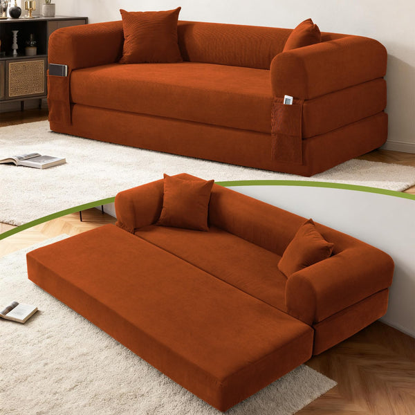 English Elm Convertible Corduroy Sleeper Sofa Queen Fold Out Bed with Dual Storage Pockets Orange W3396P483177
