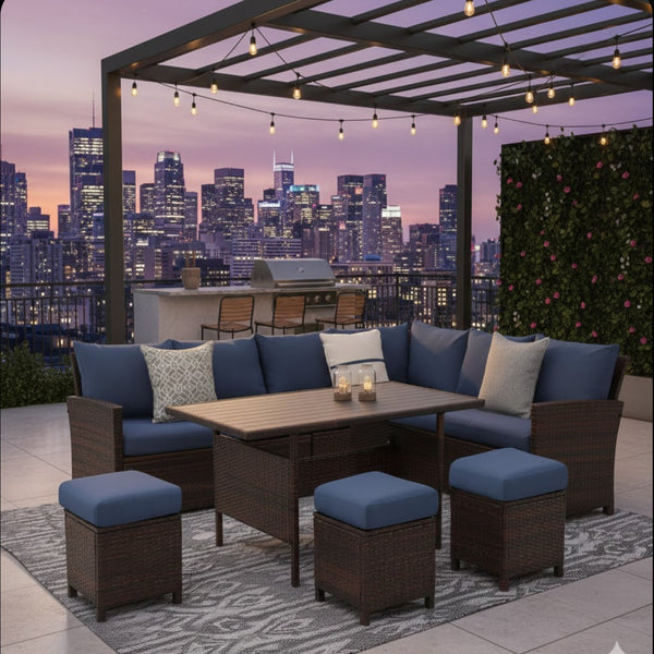 English Elm 7 Piece Outdoor Wicker Dining Set Modular Sectional Sofa Ottomans and Patio Table Blue+Brown B082S00076