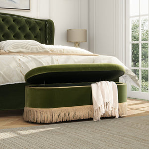 English Elm Jennifer Taylor Home - Melinda Oval Tufted Storage Bench with Bullion Fringe, Gold Velvet Upholstery, Vintage Charm Olive Green B2719P238472