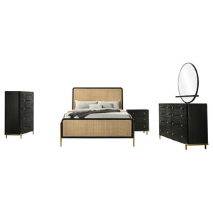 English Elm Anser 5-Piece Contemporary Queen Bedroom Set With Woven Rattan, Black Finish & Gold Accents B062S01255