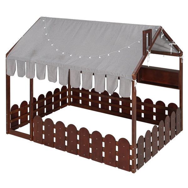English Elm {slats Are Not Included} Twin Montessori House Floor Bed Kids Tent Lights Shelves Pinewood Frame Espresso N708P407963P