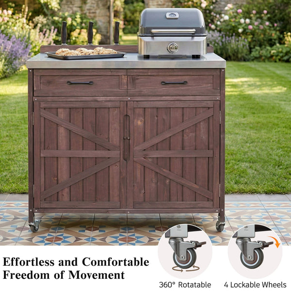 English Elm K&k Outdoor Prep Station Stainless Steel Top Fir Wood Cabinet with Drawer and Wheels Dark Brown N707P370273Z