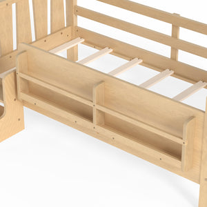 English Elm Twin Pine Floor Bed with Guardrails Built-in Bookcases and Stair Steps for Kids W1580P430184