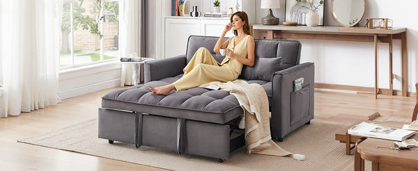 English Elm 55.1-inch Convertible Velvet Futon Sofa Bed with Storage and Adjustable Iron Frame W2564P445797