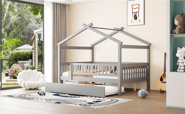English Elm Full Size Pine House Bed with Roofline Frame and Roll Out Twin Trundle for Kids Gray LP100306AAE