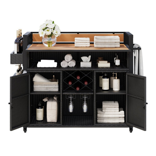 English Elm K&K Wicker Outdoor Grill Cart with Foldable Drop Leaf, Locking Wheels, Wine Rack & Ample Storage Black Brown N707P233747B